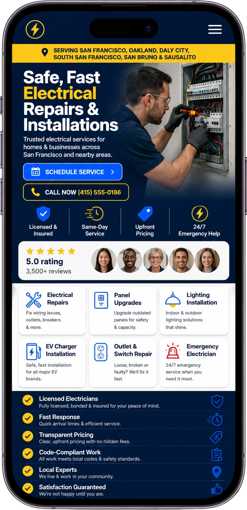 An Electrician in the Bay Area website on mobile